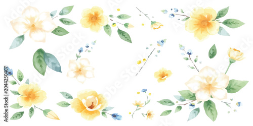 Watercolor hand painted yellow floral elements and greenery collection with watercolor botanical painting isolated illustration decoration blooming ornament composition decorative artistic