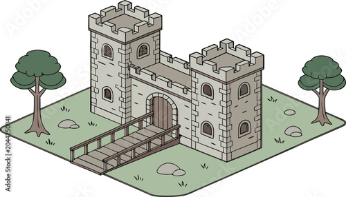 Isometric medieval stone castle gatehouse vector illustration with two defensive towers wooden bridge arch door and trees for game assetIsometric medieval stone castle gatehouse vector illustration wi