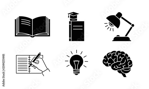 Foto Essential black silhouette icons for education, featuring symbols of learning, s