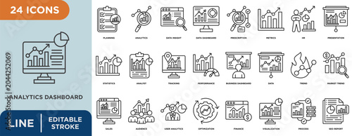 Analytics dashboard line icon set with editable stroke for  planning, analytics, data insight, data dashboard, trend, market trend, metrics