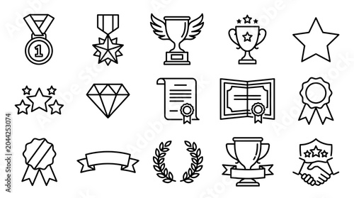 Achievement icons set awards recognition success and excellence line art collection