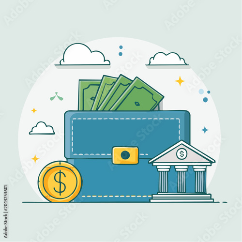 Financial management concept illustration with a briefcase full of money, a dollar coin, and a bank building, symbolizing saving, investment, and banking services