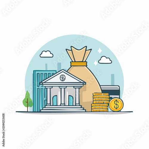 Illustration of a bank building, a money bag, coins, and a credit card, symbolizing finance, wealth, and banking services