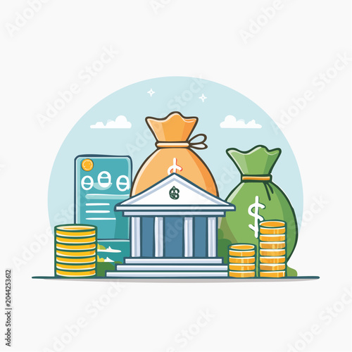 Digital Financial Management Concept Featuring a Bank, Money Bags, and Mobile Banking App, Symbolizing Savings, Investment, and Wealth Growth