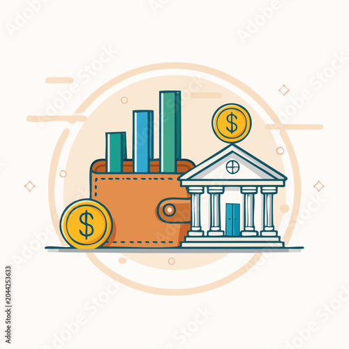 Financial growth illustration featuring a wallet, bank, and rising bar graph with coins and dollar symbol, representing economic success