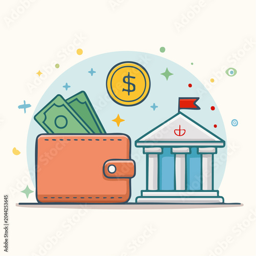 Financial management concept illustration depicting a wallet filled with cash next to a classic bank building, symbolizing secure savings and monetary transactions