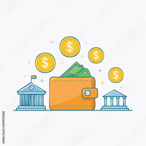 Financial Institutions and a Wallet Full of Cash, Illustrating Concepts of Wealth and Banking