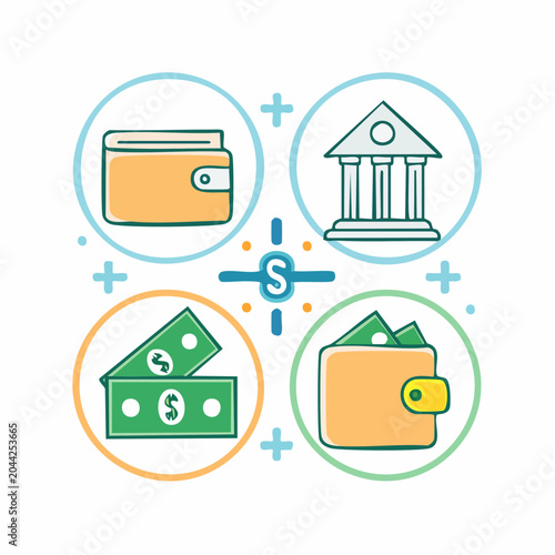 Comprehensive illustration depicting key financial elements like wallets, banking institutions, and cash, symbolizing personal wealth management and economic activity