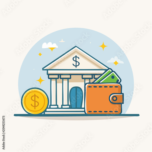 Banking and finance concept a secure bank building, a wallet with currency, and a golden dollar coin representing wealth and savings