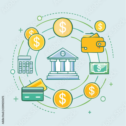 Financial services and banking operations represented by various icons, including a bank building, coins, a wallet, and a credit card, illustrating concepts of money and savings