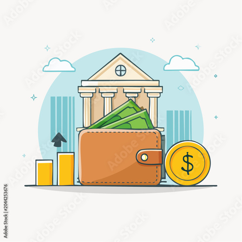 Financial growth illustration. Wallet with money, dollar coin, bank building, and rising chart. Symbolizes investment, savings, and banking wealth
