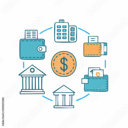 Dynamic Financial Ecosystem Illustration Depicting Money Flow Between Banking Institutions, Corporate Buildings, and Personal Wallets in an Interconnected Global Economy