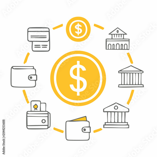 Financial transactions and digital payment methods with currency symbol and banking institutions surrounding a central coin