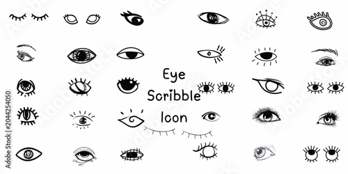 Eye Scribble Icon Collection – Vector Line Art Set of Hand Drawn Eyelashes, Minimalist Mystical Eye Sketches, Abstract Cartoon Eyeballs, and Modern Streetwear Graphic Elements