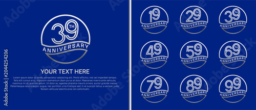anniversary logo set with circle. silver color on blue background for celebration moment