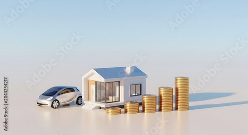 A 3D illustration of a house with a car and stacks of coins representing financial growth and property investment.
