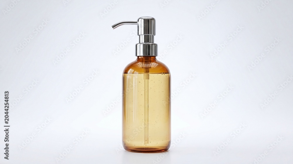 Naklejka premium Amber glass bottle with metal pump for liquid soap