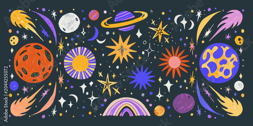 Cuadro en lienzo Planets And Stars Vector Illustration With Colorful Cosmic Elements