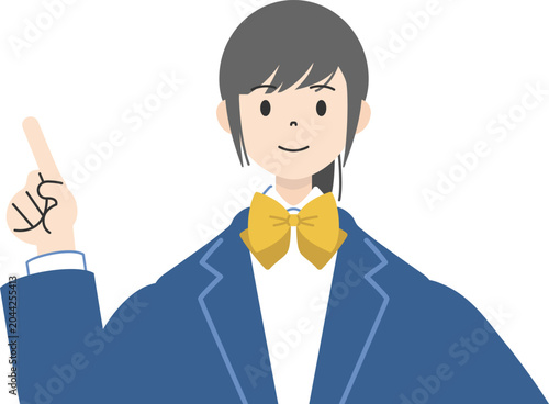 笑顔で人差し指を立て指差しポーズをする制服姿の女子高校生の上半身イラスト3