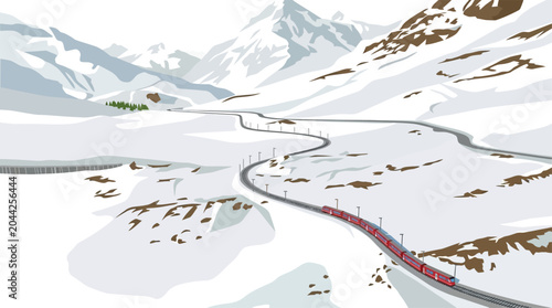 Vászonkép Snowy mountain landscape with winding railway vector illustration