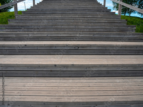 empty wooden stairs outdoors in exercise center, Finland