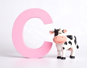 A pink letter C next to a smiling toy cow