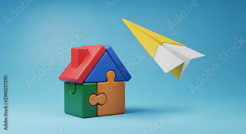 Conceptual house built from colorful puzzle pieces with a paper airplane flying above on blue background real estate building solution airplane business mortgage construction property