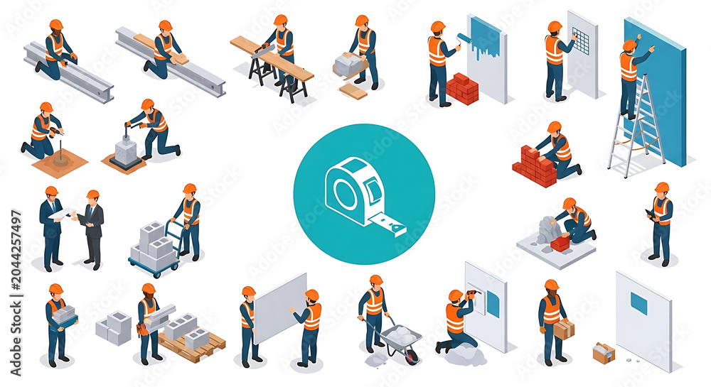 Fototapeta premium Isometric construction worker character collection showing diverse building site tasks and home renovation processes on white background with construction isometric building industrial collection