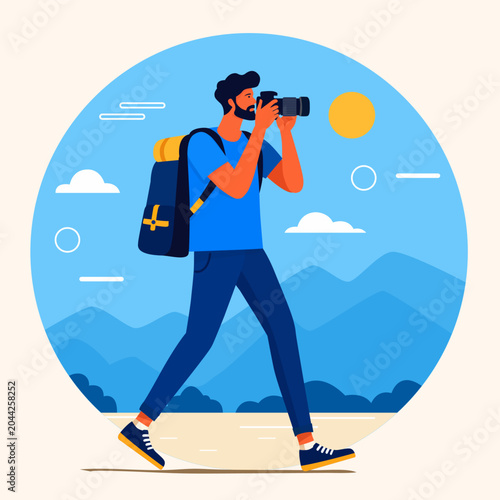 Travel Photographer Character with Camera and Backpack Flat Vector Illustration
