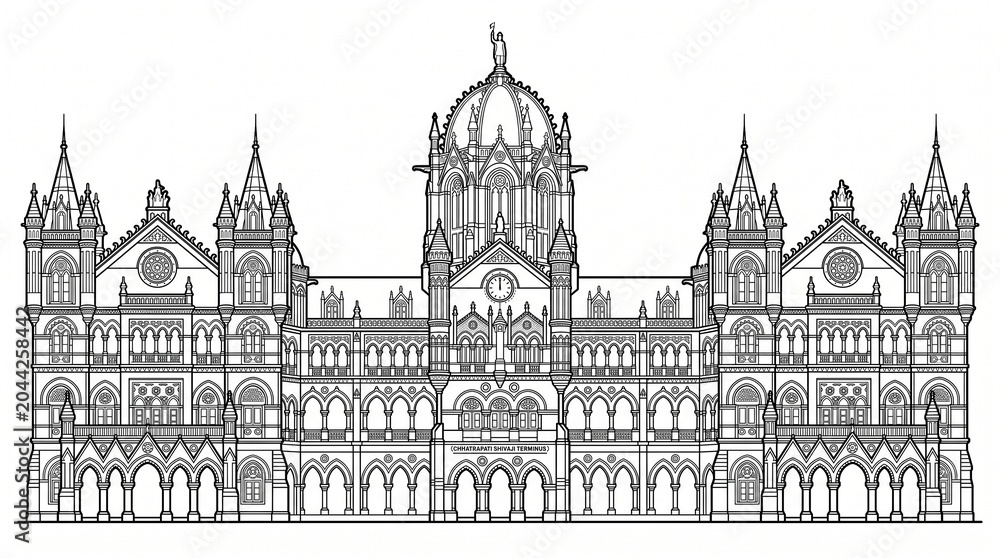 Fototapeta premium Chhatrapati Shivaji Maharaj Terminus silhouette, ornate Gothic Revival railway station in Mumbai India, historic colonial architecture landmark showcasing cultural heritage and design