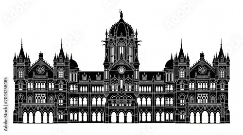 Chhatrapati Shivaji Maharaj Terminus silhouette, ornate Gothic Revival railway station in Mumbai India, historic colonial architecture landmark showcasing cultural heritage and design