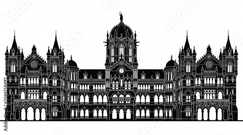 Chhatrapati Shivaji Maharaj Terminus silhouette, ornate Gothic Revival railway station in Mumbai India, historic colonial architecture landmark showcasing cultural heritage and design