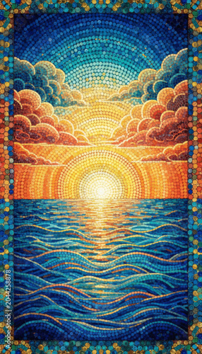 Stunning decorative mosaic artwork depicting a vibrant sunset over wavy ocean waters, featuring concentric golden sunbeams, rolling orange clouds, and an ornate micro-tile border frame.