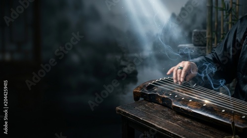 Musician Playing Guqin Instrument Amidst Misty Mountain Landscape and Flowing Water