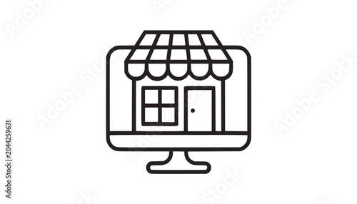 Online Store Icon: Computer Screen Displays Shop Frontage with Awning