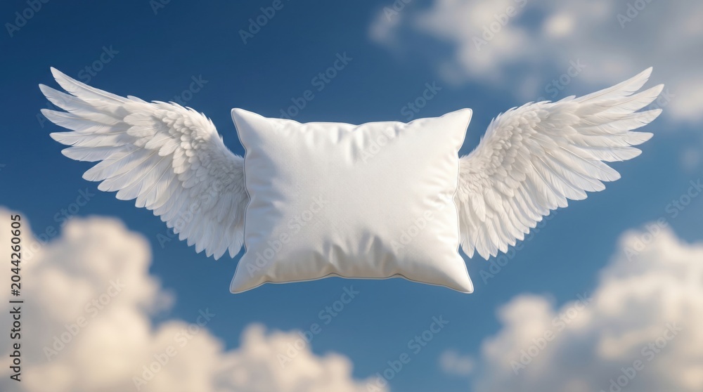 Obraz premium Flying pillow with angel wings in clouds, healthy sleep concept, premium bedding advertisement, comfort, relaxation, restful night, insomnia relief and sleep quality banner