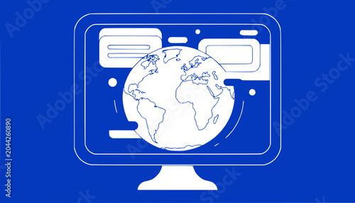 Digital World Connection: Globe on Computer Screen, Global Network and Communication Concept