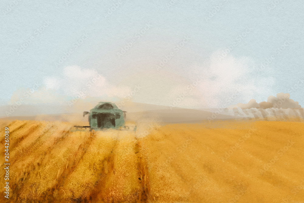 Fototapeta premium Agriculture aesthetic background, watercolor field illustration