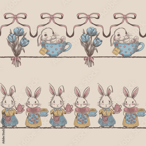 Vintage Tea Time Rabbits Vector Seamless Horizontal Borders Set
