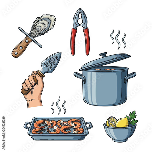 Seafood Cooking Tools and Ingredients Set with Shrimp Oyster Shucker Steaming Pot Vector