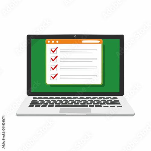 Laptop screen displays a completed checklist with red checkmarks on a green background interface