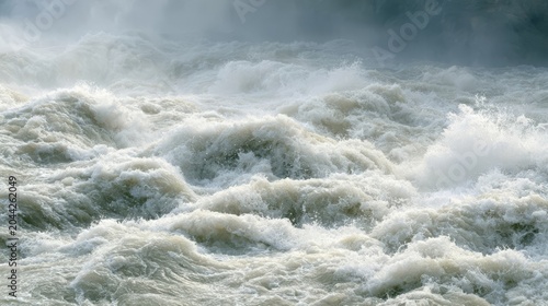 Turbulent White Water Rapids with Foaming Waves and Misty Spray in a Powerful Natural Scene