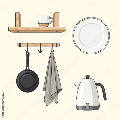 Kitchen Utensils and Cookware Set with Shelf Mug Frying Pan Plate and Kettle Vector Illustration