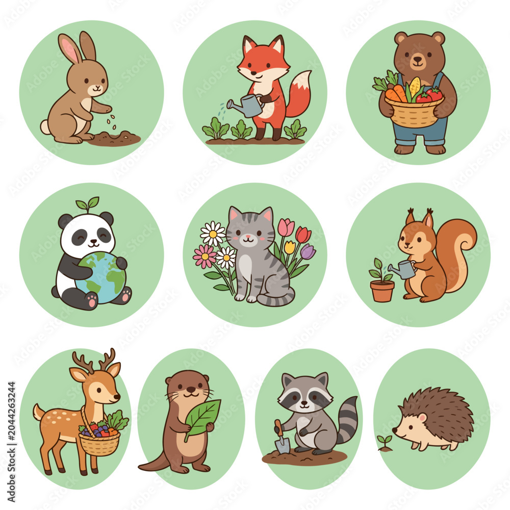 Obraz premium Cute cartoon animals gardening and caring for the environment in a collection of green circles.