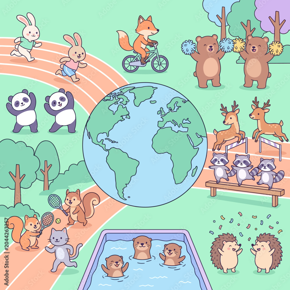 Naklejka premium Cute cartoon animals playing various sports and activities around the Earth, promoting global unity and healthy living.