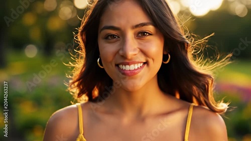 Smiling young Hispanic woman in park at sunset