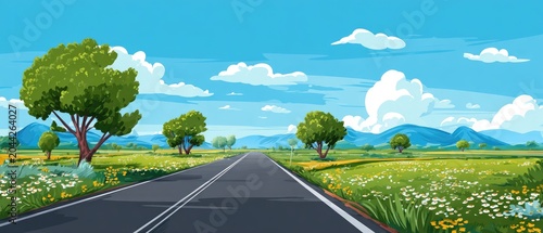 A long, empty road winds through a vibrant, sunlit countryside