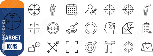 Target goal focus achievement line icons. target icon set, arrow icon set, calendar icon set