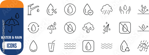 Water and rain outline icons. water drop icon set, umbrella icon set, faucet icon set