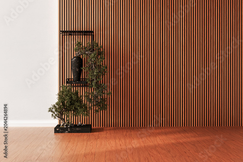 Fotografie Modern empty room interior with wooden slat wall and bonsai decor
